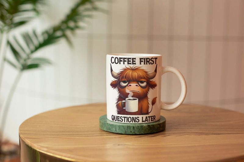 Coffee First , Questions Later. Cow Mug