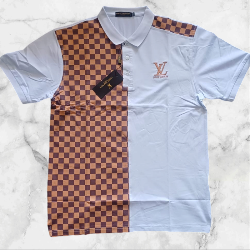 Louis Vuitton Premium Cotton White Polo Shirt – Iconic Checkered Design for Luxury Style XXL
