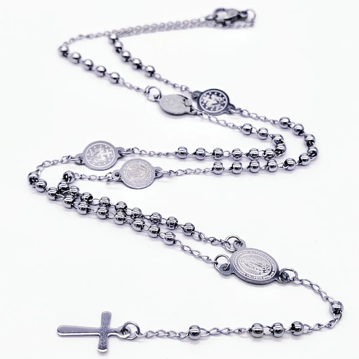 Silver Rosary Cross Necklace – Round Bead Design