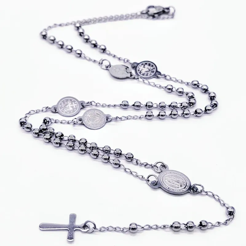 Silver Rosary Cross Necklace – Round Bead Design