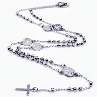 Silver Rosary Cross Necklace – Round Bead Design