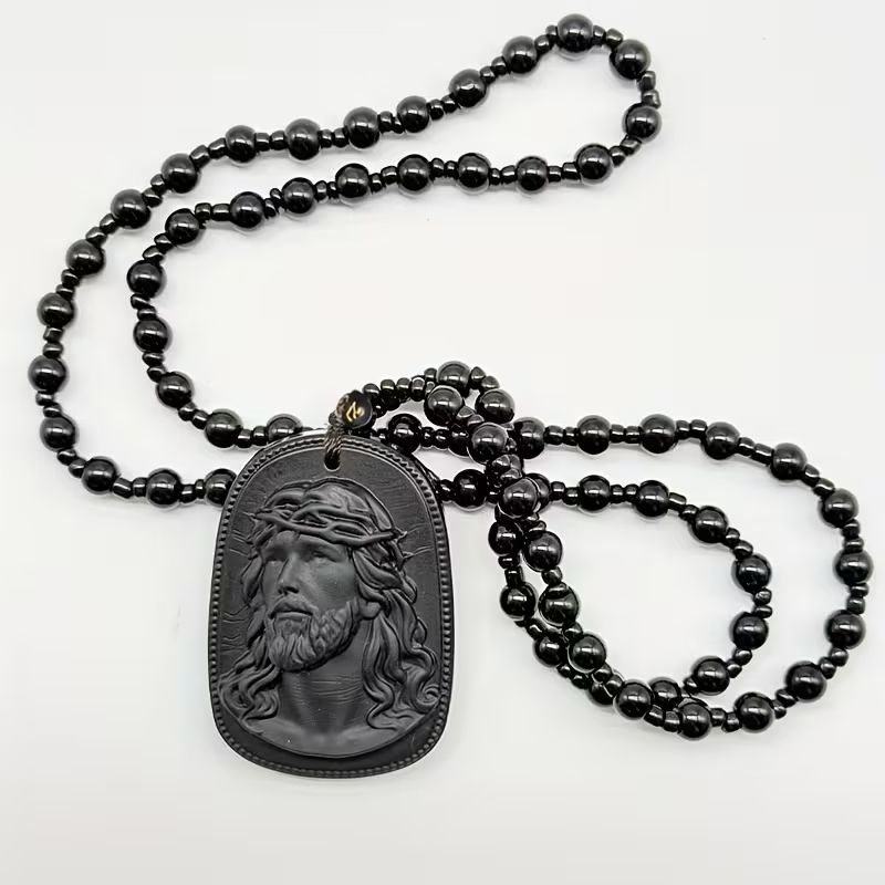 Beaded Black Jesus 3D Statue Pendant Necklace