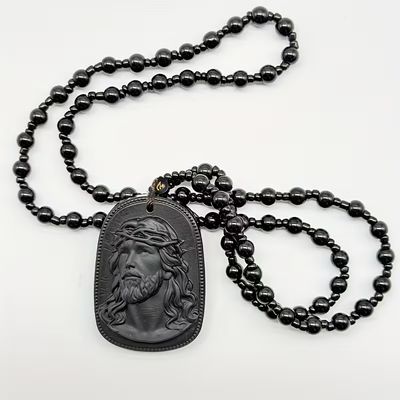 Beaded Black Jesus 3D Statue Pendant Necklace