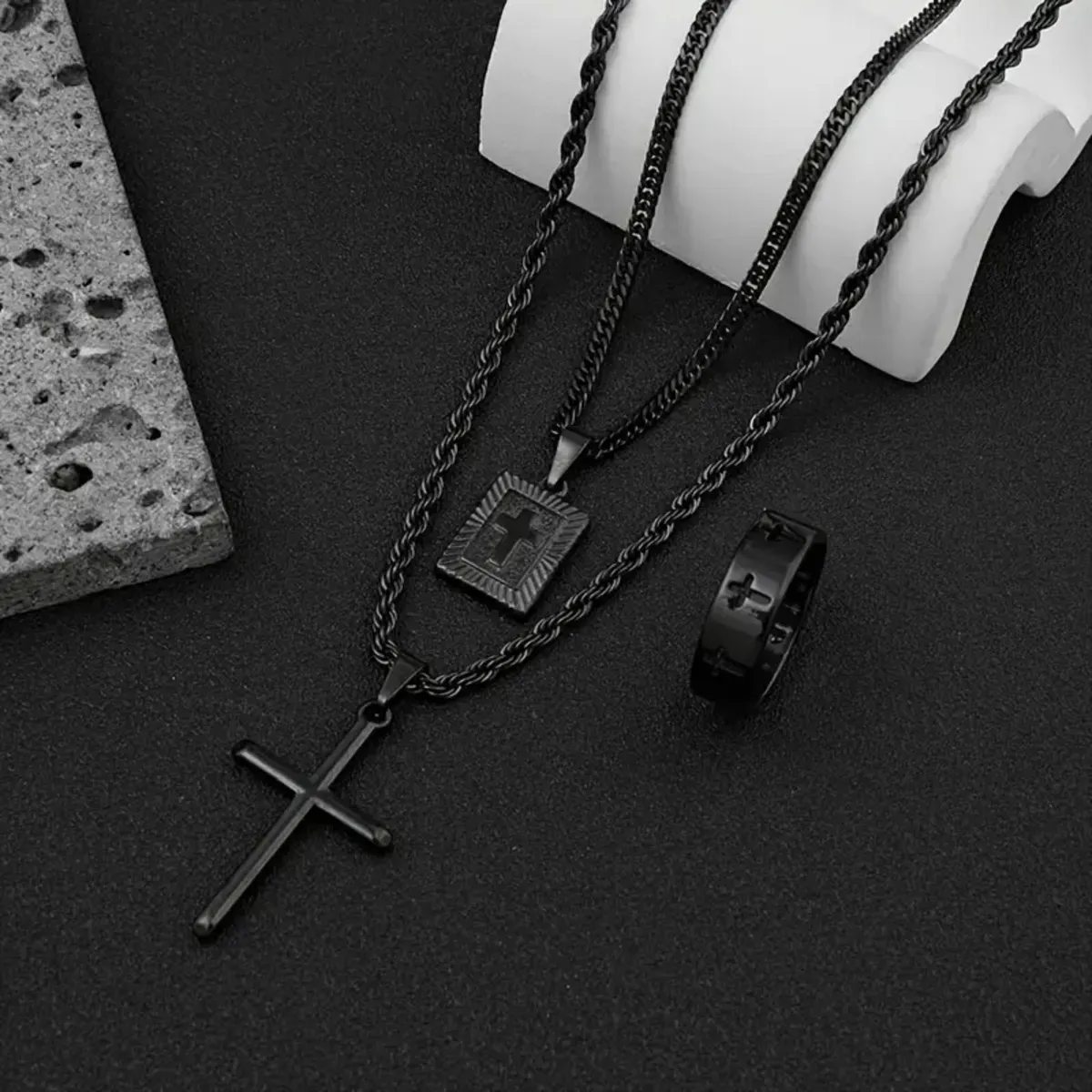 Black Cross Pendant Necklace &amp; Ring 3-Piece Jewelry Set – Unisex