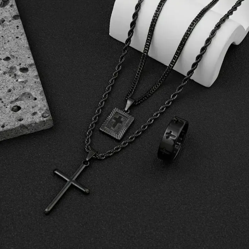 Black Cross Pendant Necklace & Ring 3-Piece Jewelry Set – Unisex Black Cross Pendant Necklace & Ring 3-Piece Jewelry Set – Unisex