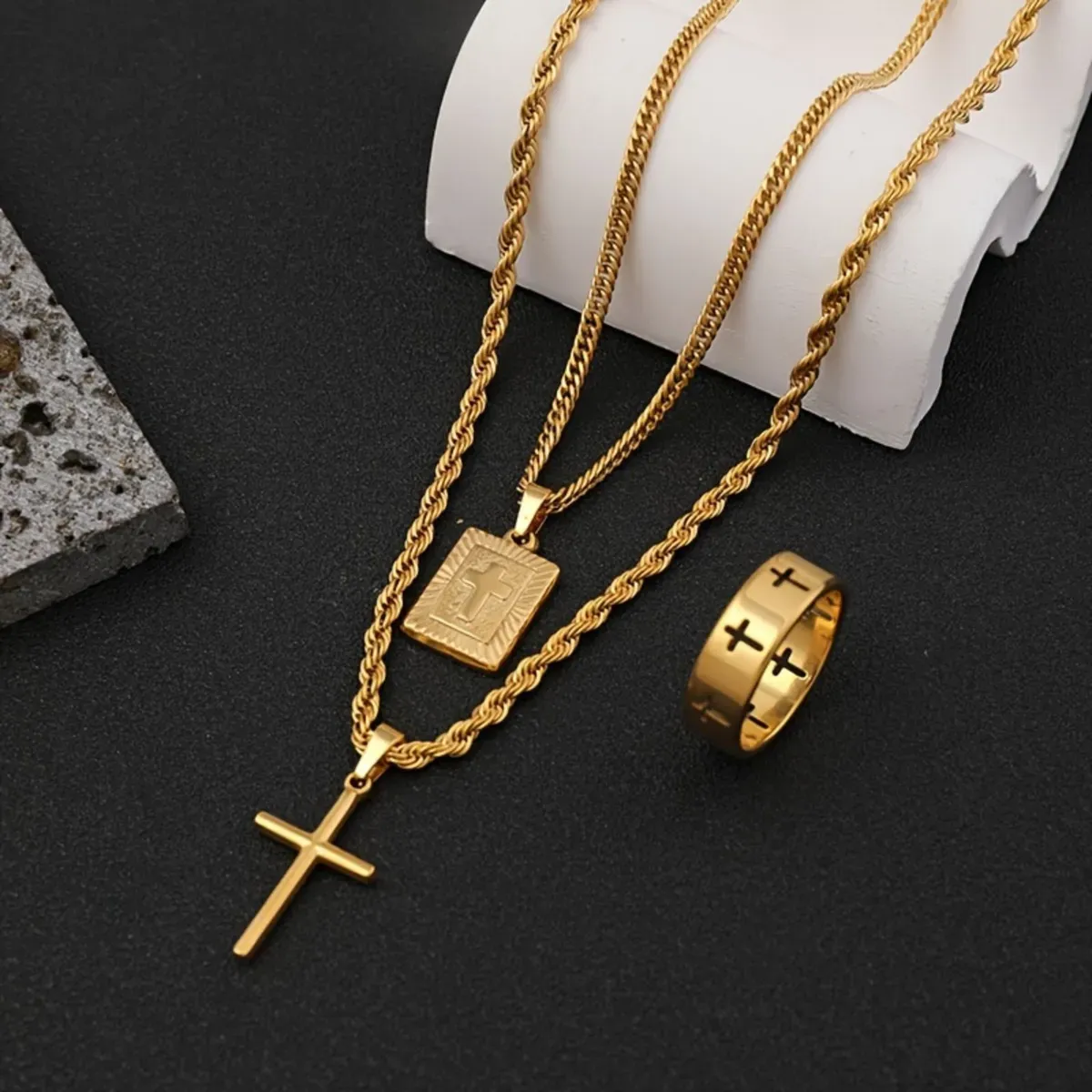 Gold Cross Pendant Necklace &amp; Ring 3-Piece Jewelry Set – Unisex