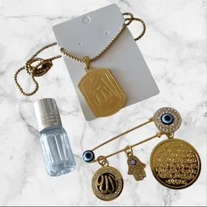 Islamic Gifting 3-Piece Set – Golden Allah Necklace, Evil Eye Pin &amp; Attar (Gift Boxed)