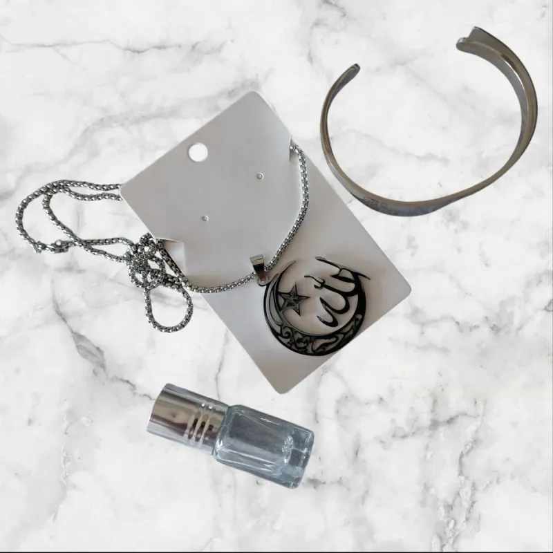 Islamic Gifting 4-Piece Set – Allah Necklace, Ayatul Kursi &amp; 786 Bangle with Attar (Gift Boxed)