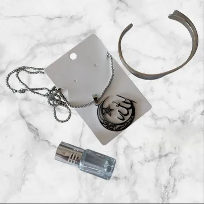 Islamic Gifting 4-Piece Set – Allah Necklace, Ayatul Kursi &amp; 786 Bangle with Attar (Gift Boxed)