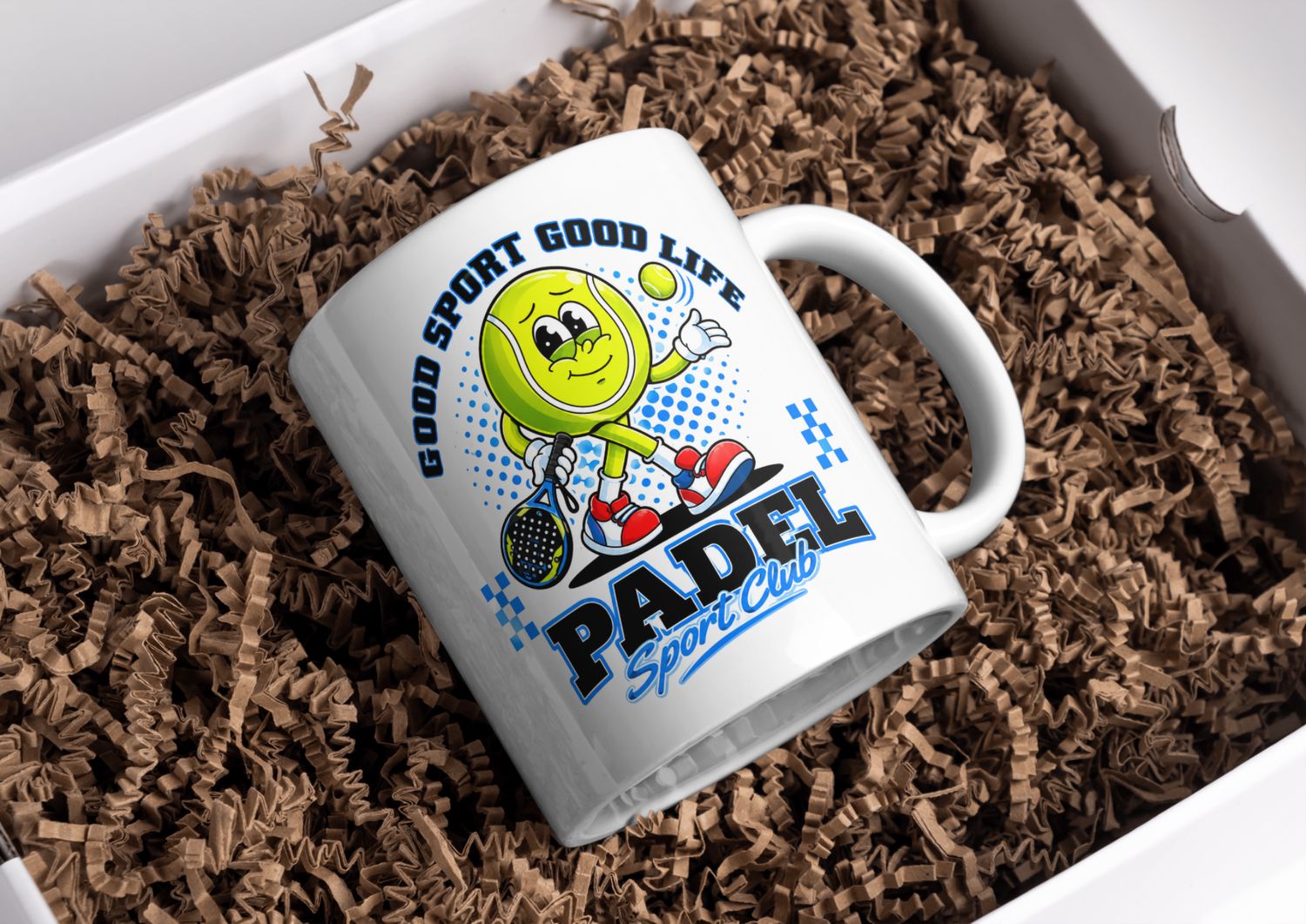 Good Sport Good Life Padel Club Mug – Cartoon Padel Ball Design – Gift for Padel Lovers