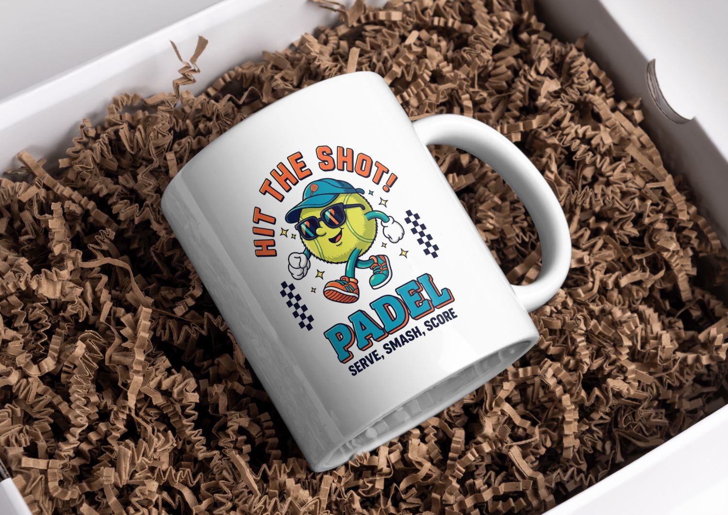 Hit the Shot Padel Mug – Serve Smash Score Cartoon Ball Design – Padel Gift
