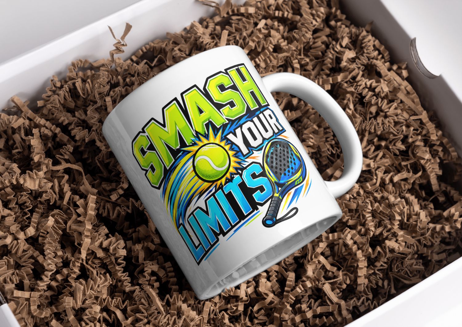 Smash Your Limits Padel Mug – Cartoon Racket and Ball Design – Motivational Sports Gift