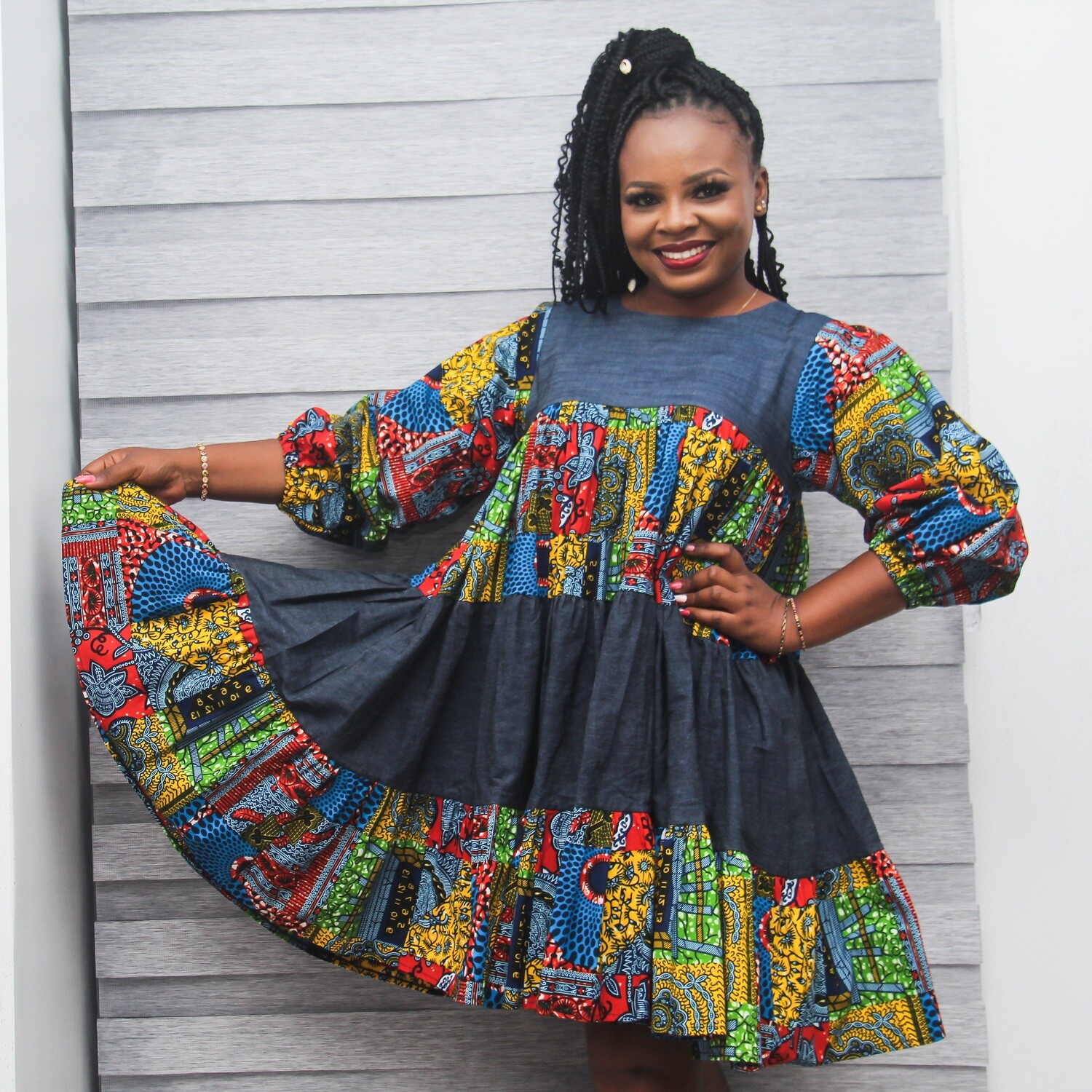 Sika Tiered Denim X Ankara Dress
