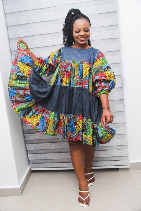 Sika Tiered Denim X Ankara Dress