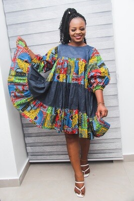 Sika Tiered Denim X Ankara Dress