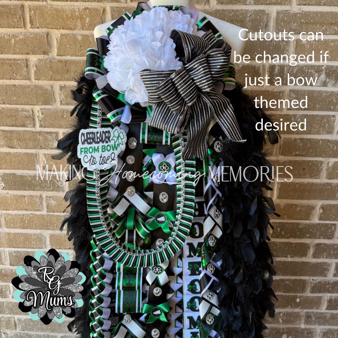 RG Designer Supreme 9.5&quot; Cheer OR Bow Themed Mum - Green, Black, White