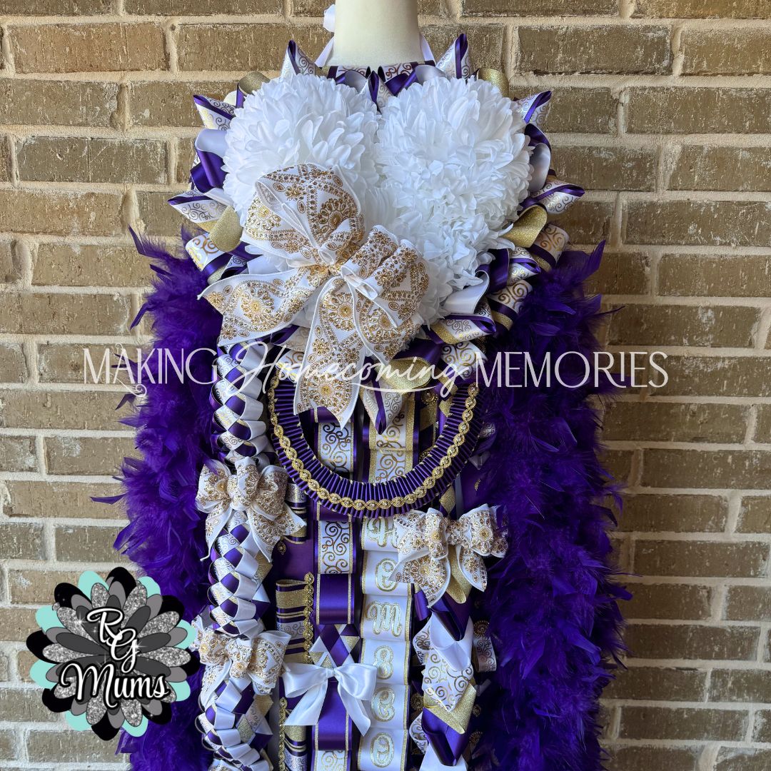 RG Designer Supreme 7.5&quot; Triple Heart Mum - Purple Gold &amp; White