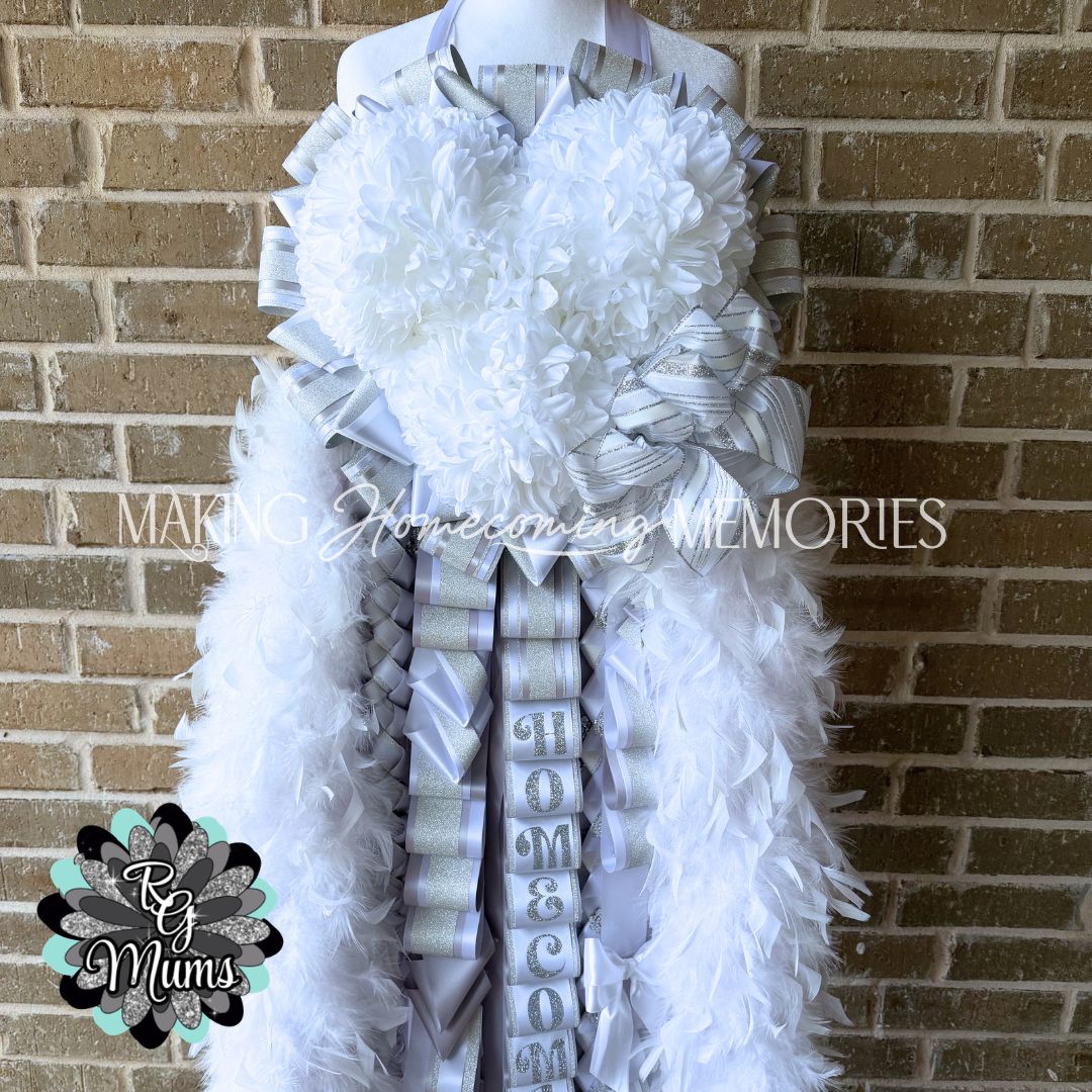 RG Designer Deluxe 7.5" Triple Heart Senior Mum - Silver Grey, White &amp; Silver