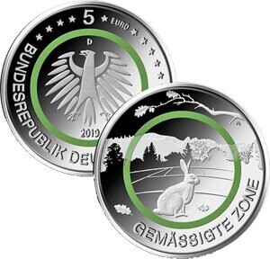 BRD 5 € Gemäßigte Zone 2019 - 5 Münzen Pol. Platte, alle 5 Prägestätten