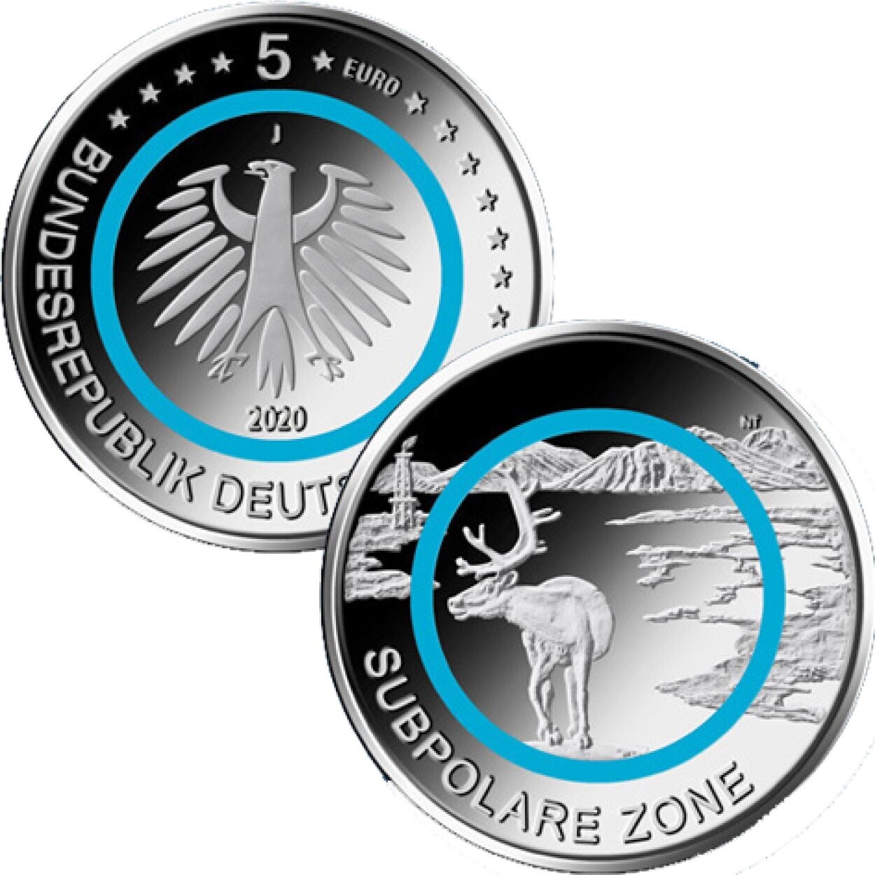 BRD 5 € Subpolare Zone 2020 - 5 Münzen bankfrisch, alle 5 Prägestätten