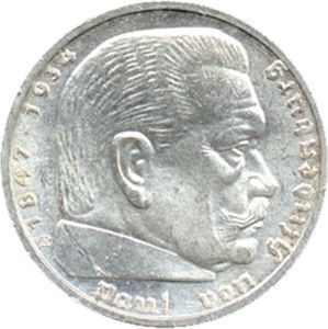J 367 5 RM. Hindenburg mit Hakenkreuz, Silber (1937/39) J 367 5 RM. Hindenburg mit Hakenkreuz, Silber (1937/39)