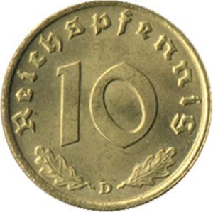 J 364 10 Rpf. Kursmünze, Alu-Bronze (1937/39) J 364 10 Rpf. Kursmünze, Alu-Bronze (1937/39)