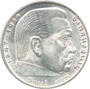 J 366  2 RM. Hindenburg mit Hakenkreuz, Silber (1937/39)