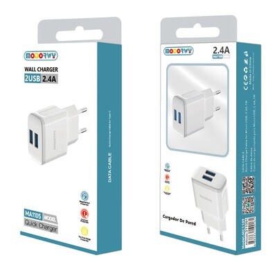 CARGADOR FICHA DOBLE USB PARED S/CABLE 2.4A/12W- MODORWY MA1105
