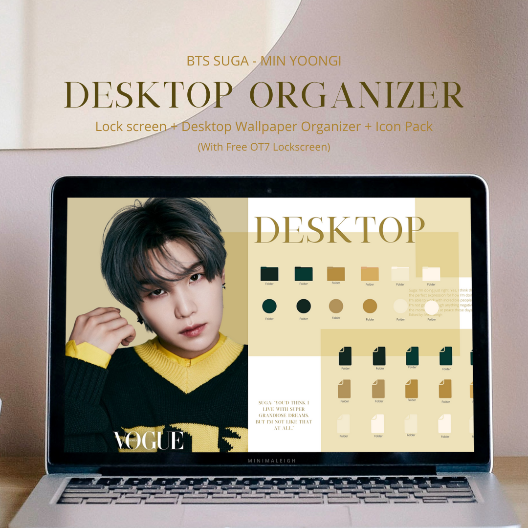 BTS Suga - Min Yoongi Desktop Organizer Set (Lock screen + Desktop Wallpaper Organizer + Icon Pack + Free OT7 Lock screen)
