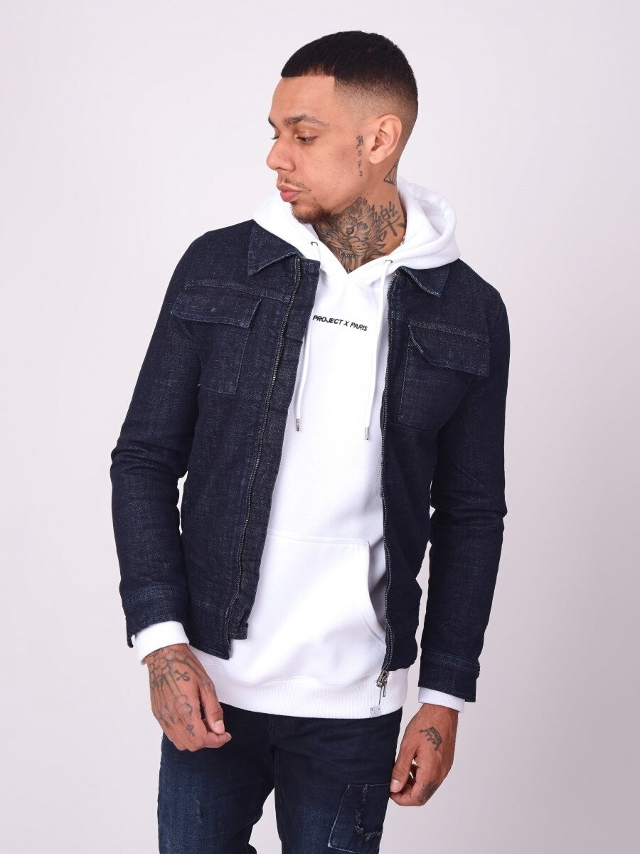 Veste en denim brut à zip - Bleu