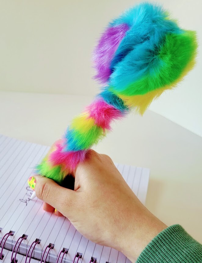 fuzzy pen, rainbow pen, kawaii cute pen