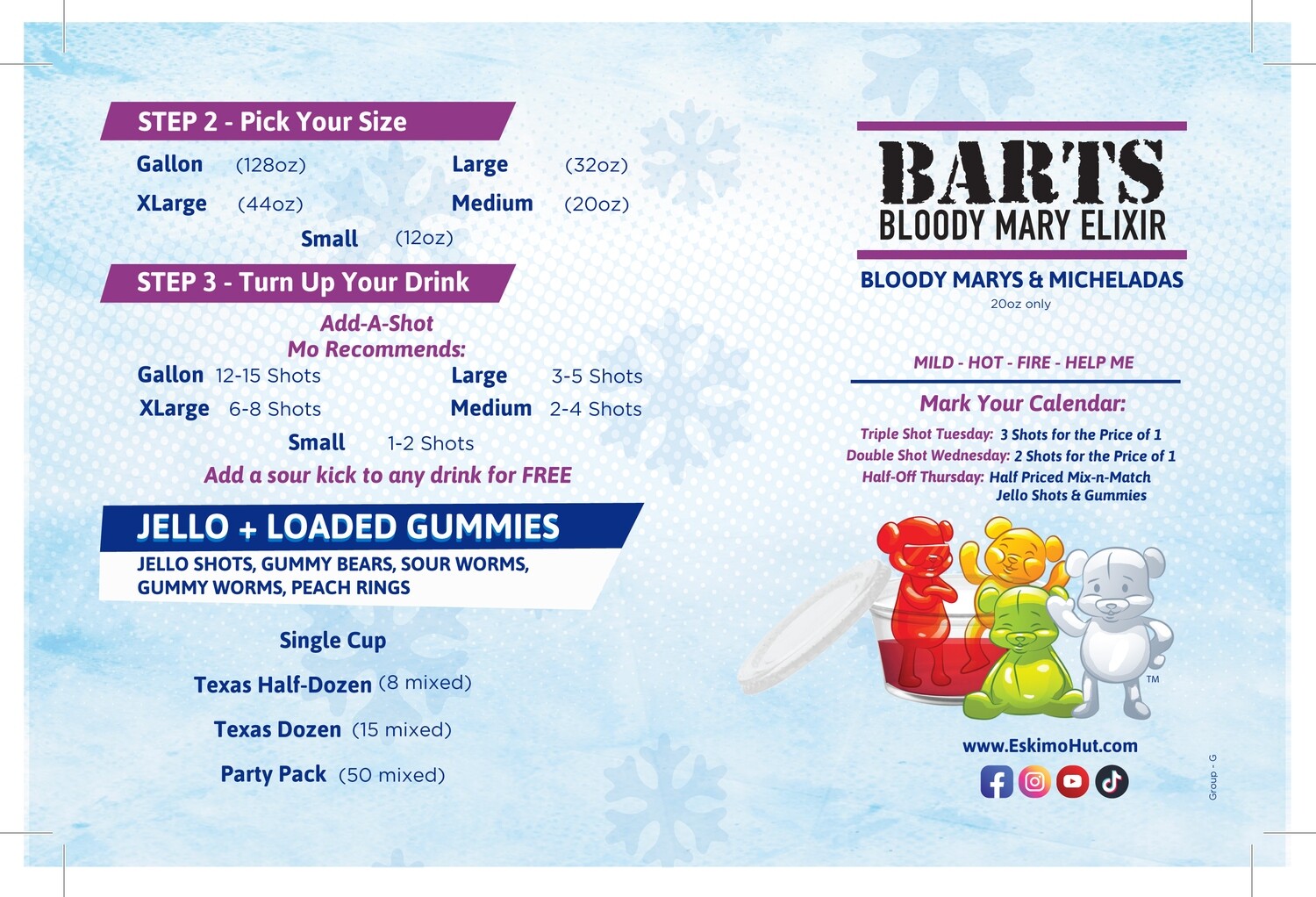 Eskimo Hut Menu B (no prices - with Barts but no cocktails) - 500 pk