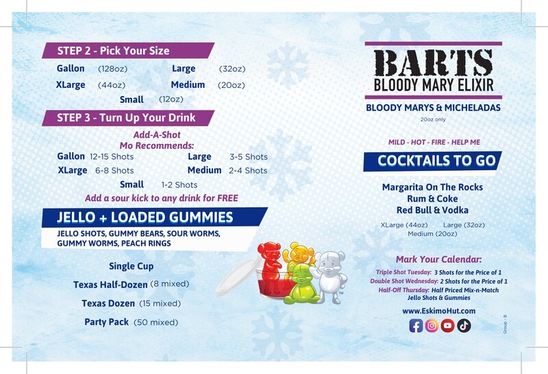 Eskimo Hut Menu A (no prices - with Barts and cocktails) - 500 pk