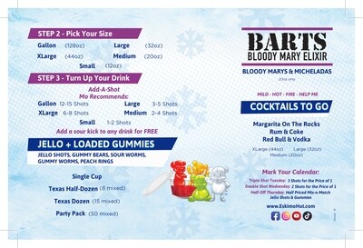 Eskimo Hut Menu A (no prices - with Barts and cocktails) - 500 pk