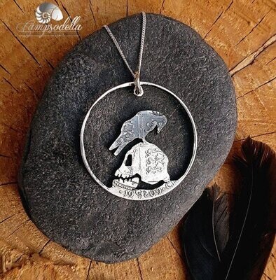 Black Raven and Silver skull pendant