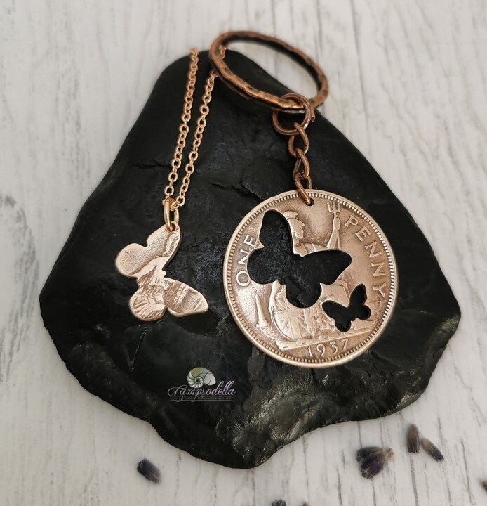 Butterfly necklace & keychain set in bronze