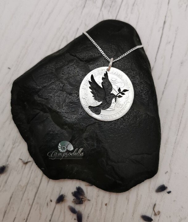 Dove and branch pendant- Silver shilling