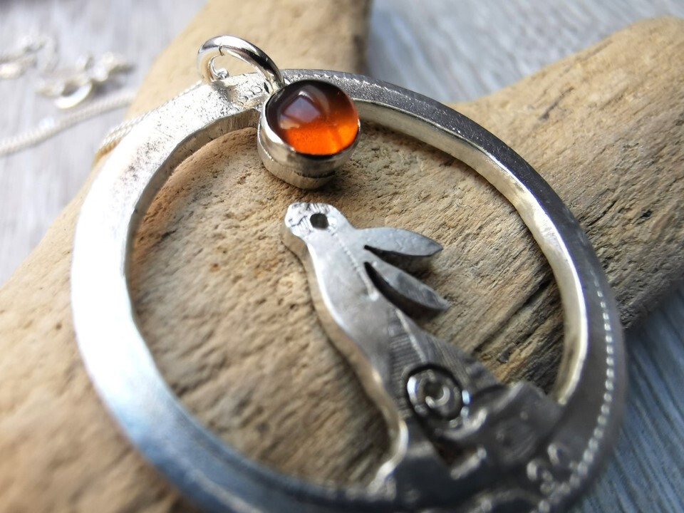 Amber Moon with Silver Gazing Hare pendant