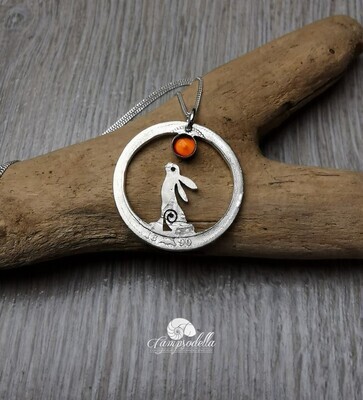Amber Moon with Silver Gazing Hare pendant