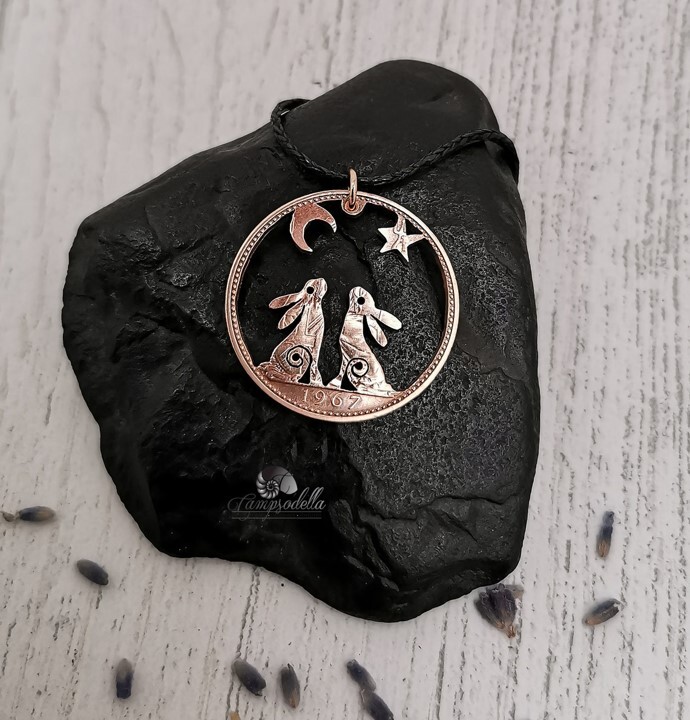 Twin Hare necklace with Moon & Star- Bronze Penny