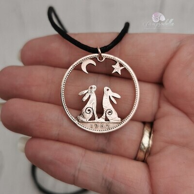 Twin Hare necklace with Moon & Star- Bronze Penny