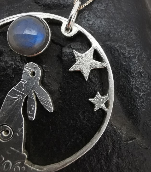 Labradorite Moon Gazing Hare - Silver Half Crown coin