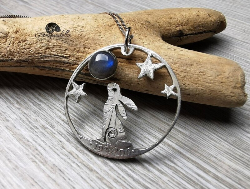 Labradorite Moon Gazing Hare - Silver Half Crown coin