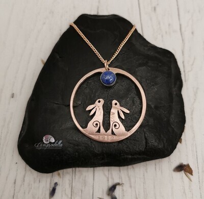 Twin hares gazing at a Blue moon- Bronze & Lapis
