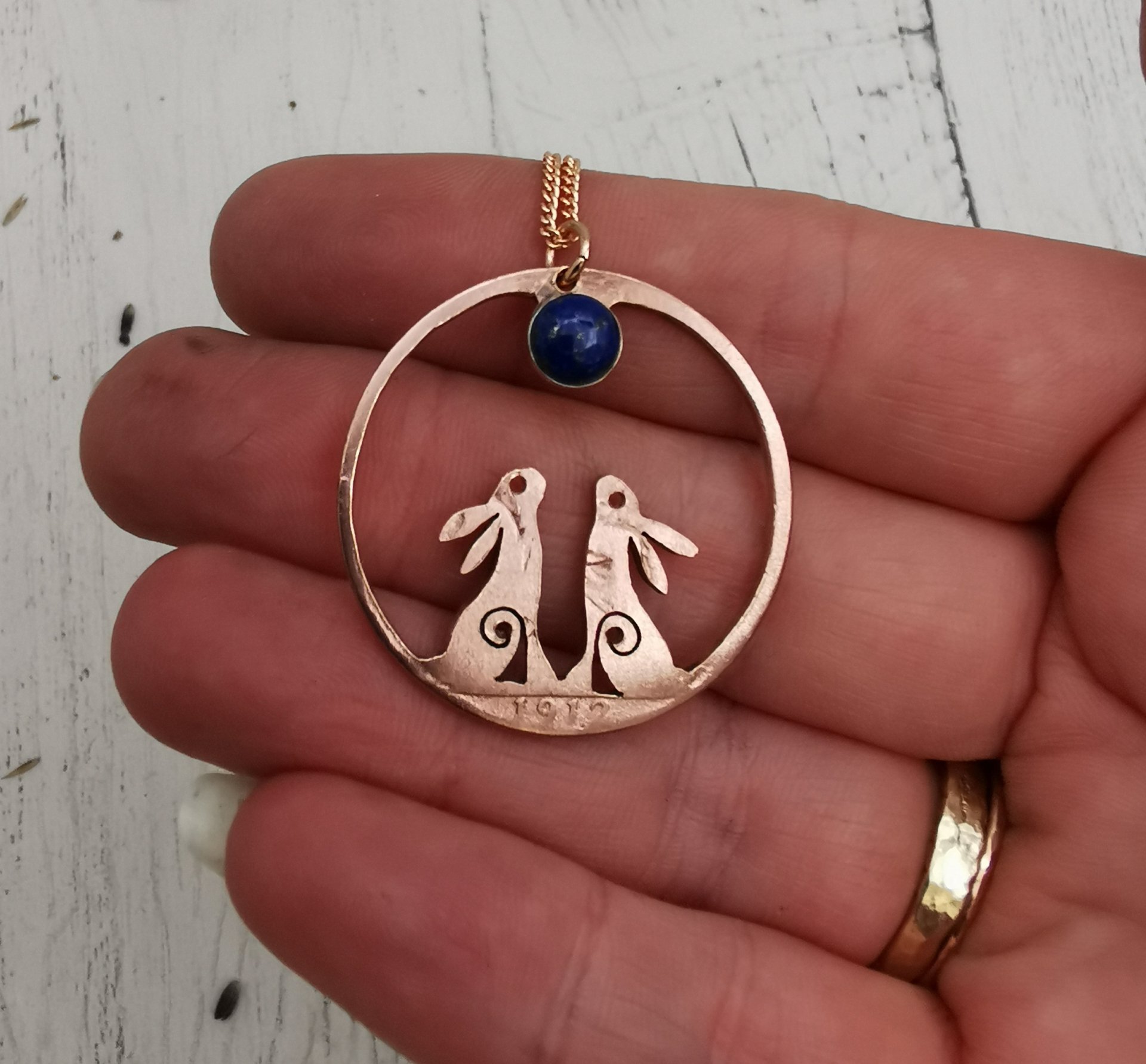 Twin hares gazing at a Blue moon- Bronze & Lapis