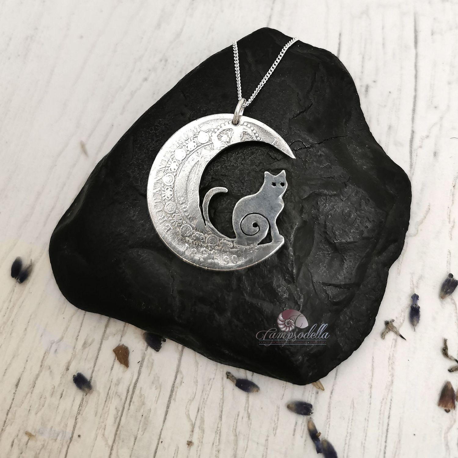 Black Cat sat in a Silver Moon necklace- Half-crown 925