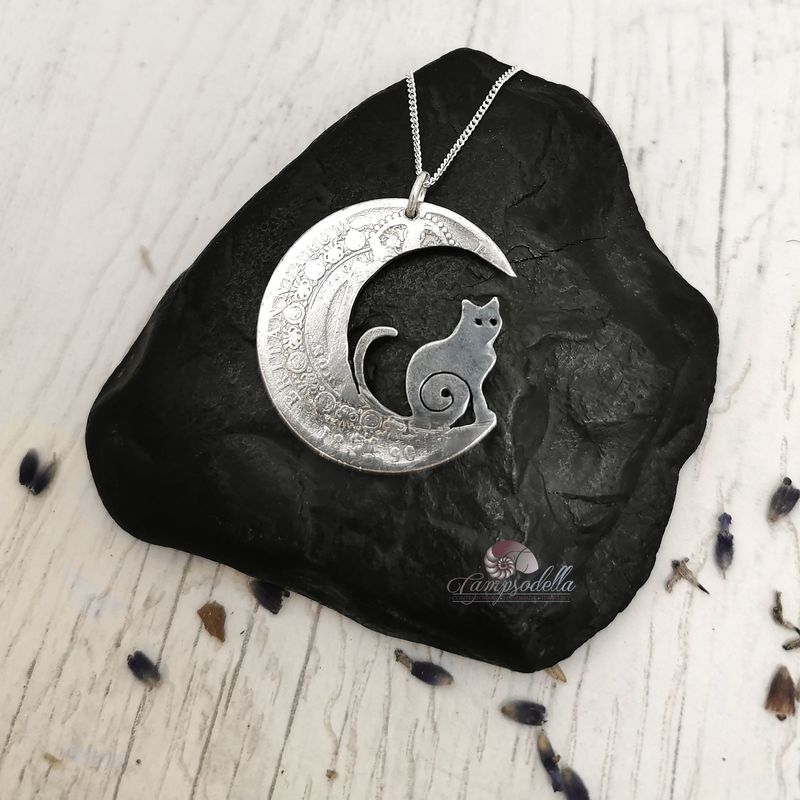 Black Cat sat in a Silver Moon necklace- Half-crown 925