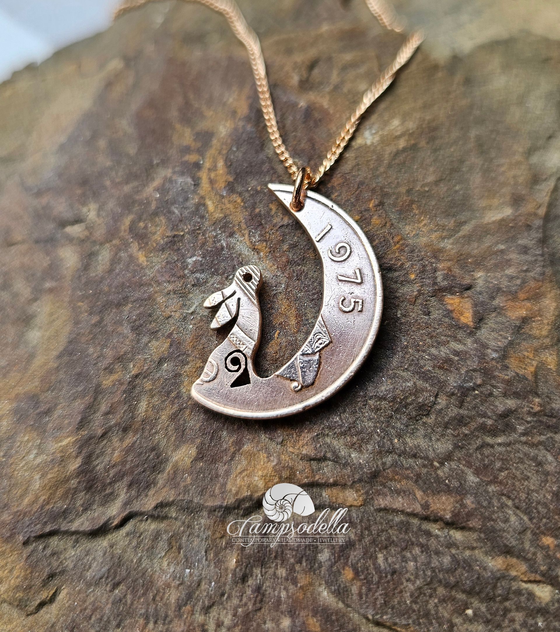 Irish Hare in the Moon necklace- 1975 Copper