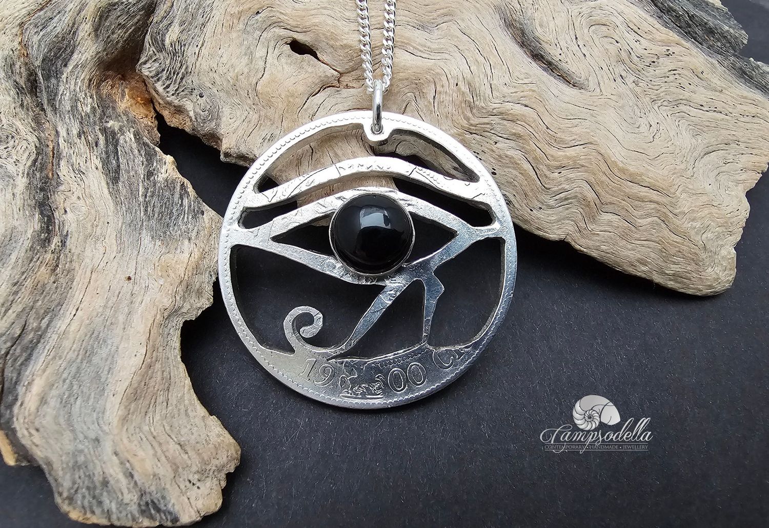 Eye of Ra -  Silver Half Crown coin with black onyx