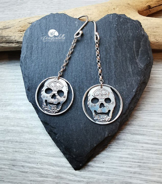 Silver Coin Skull Earrings